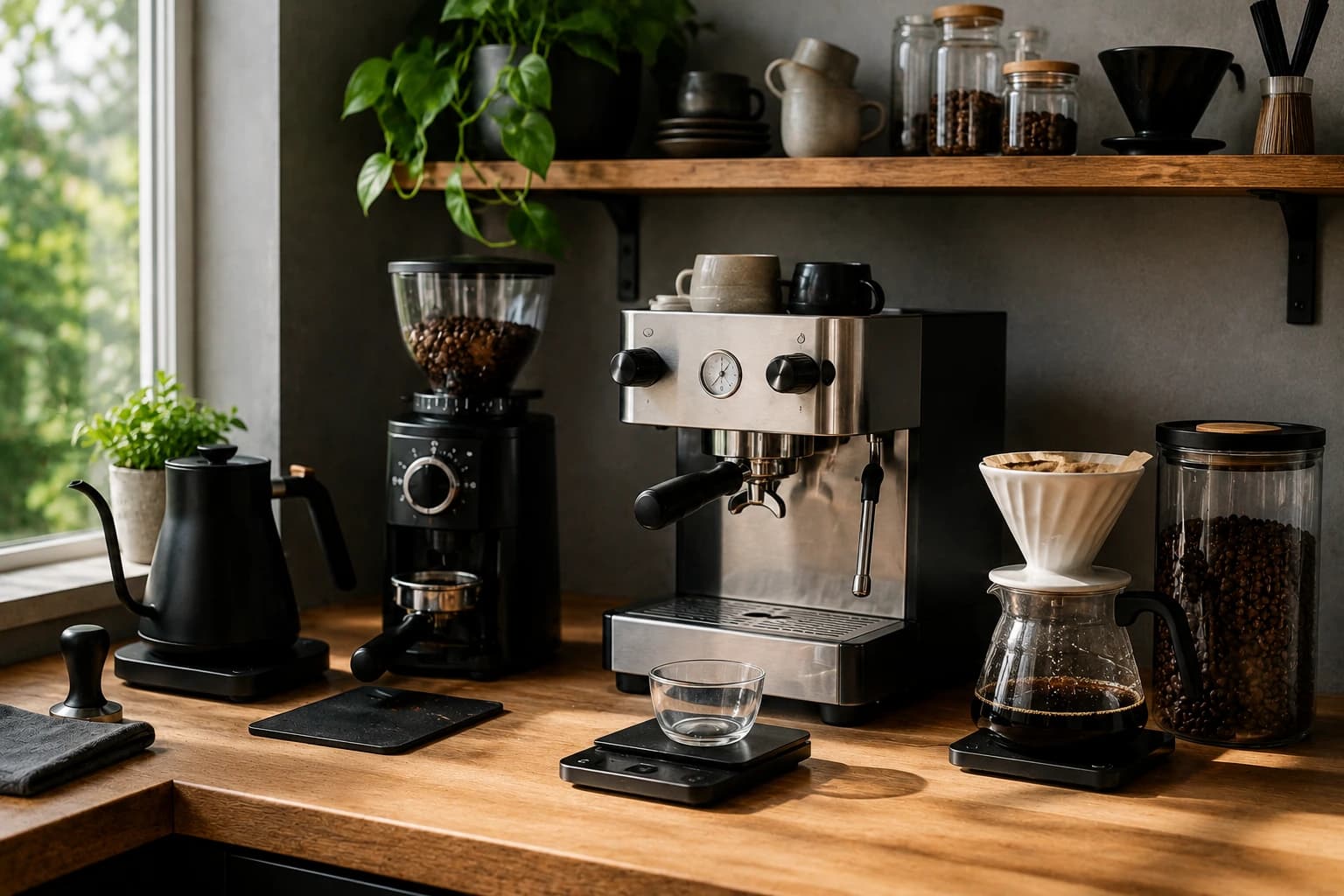 Home coffee brewing setup with grinder, kettle, dripper, beans, and brewing tools on a countertop