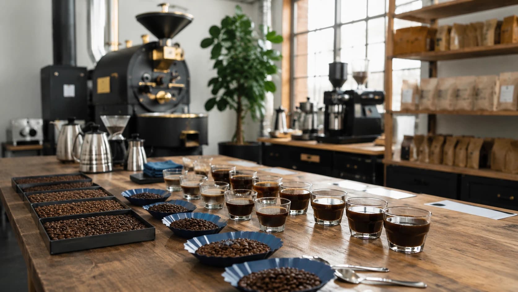 Arabica and Robusta coffee samples prepared side by side in a roastery tasting setup