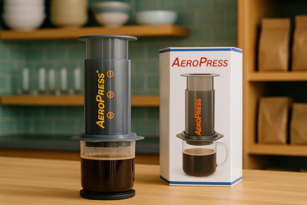 AeroPress coffee maker and its retail box on kitchen counter