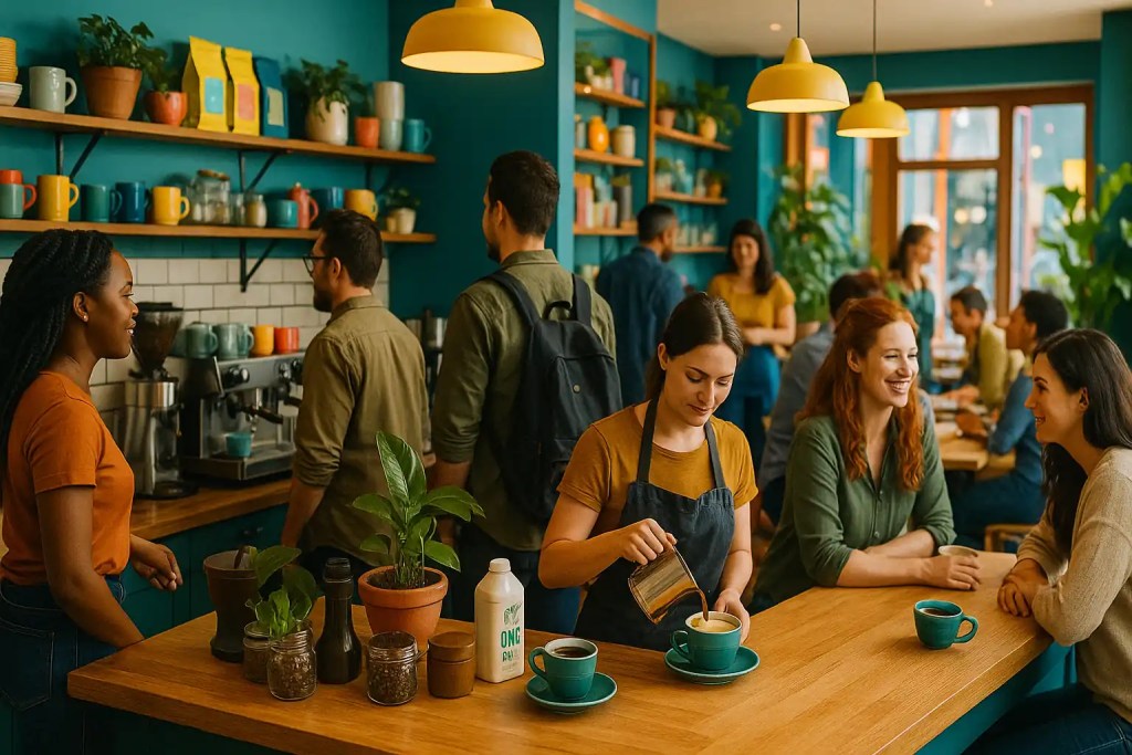 Baristas and customers in a vibrant, busy café filled with colorful mugs, plants, and warm lighting