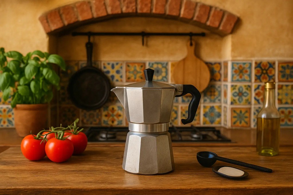 Moka pot with tomatoes, basil, and olive oil in Italian kitchen