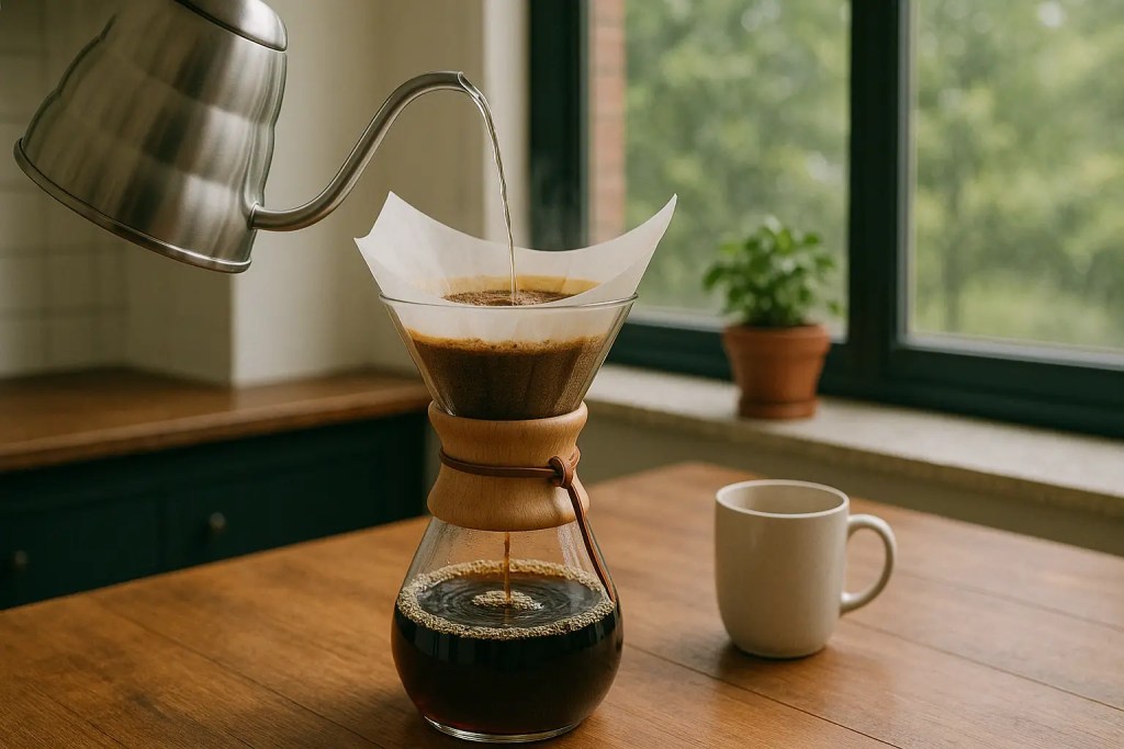 Pour Over coffee brewing process, using Chemex