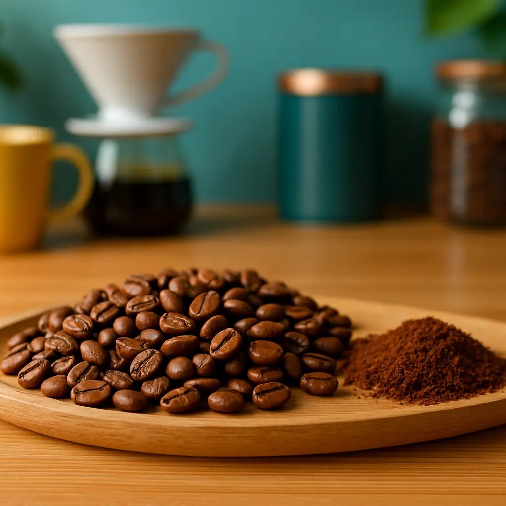  Medium roasted coffee beans and grounds on a wooden tray