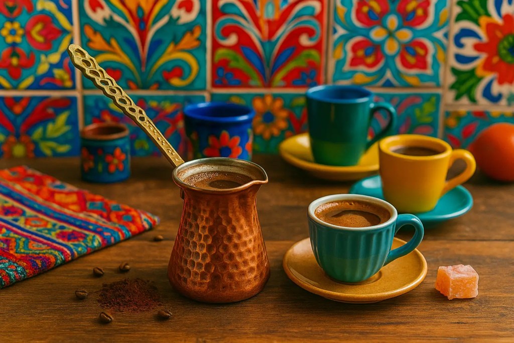 Copper cezve with Turkish coffee beside a demitasse and Turkish delight in a vibrant kitchen