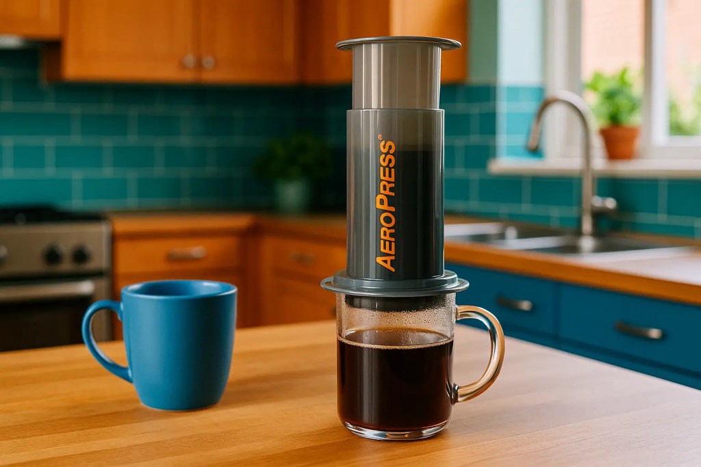 AeroPress brewing coffee in a colorful modern kitchen
