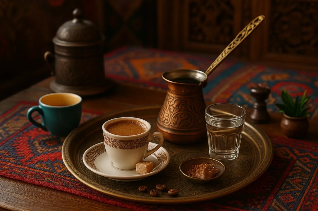 Traditional Turkish coffee served in an ornate cup with cezve and sweets on a brass tray in an Ottoman-inspired setting