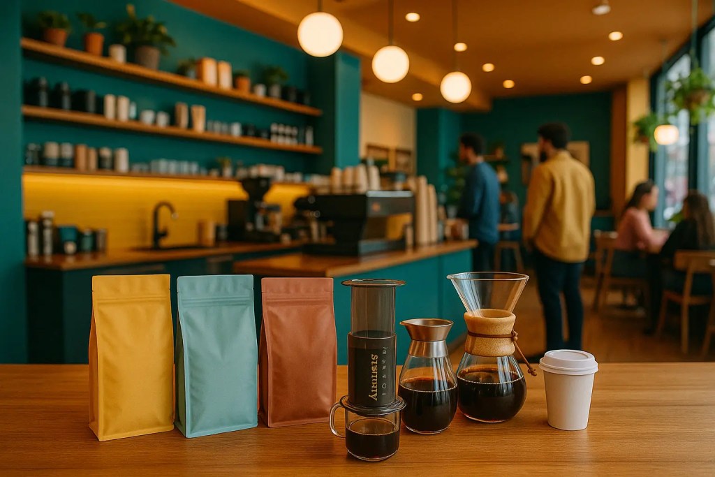 Colorful coffee bags and brewers in a modern coffee shop with people in the background