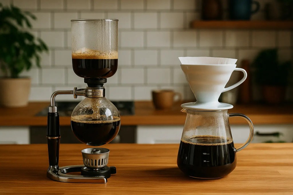 Siphon and pour-over coffee brewers side by side on a wooden kitchen counter