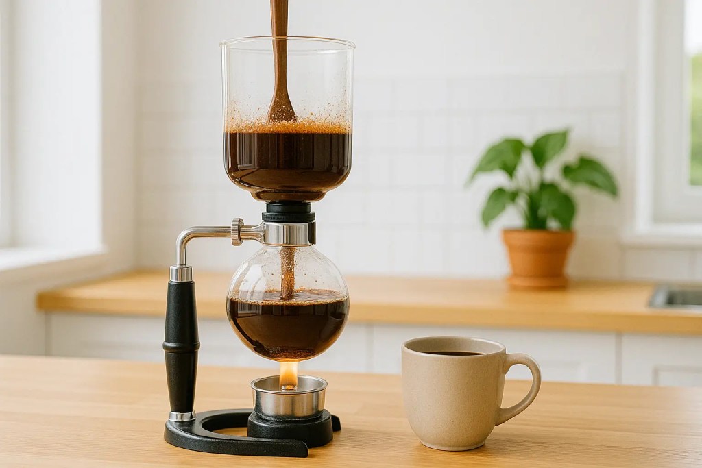 Siphon coffee brewing in progress with visible flame and stirring paddle