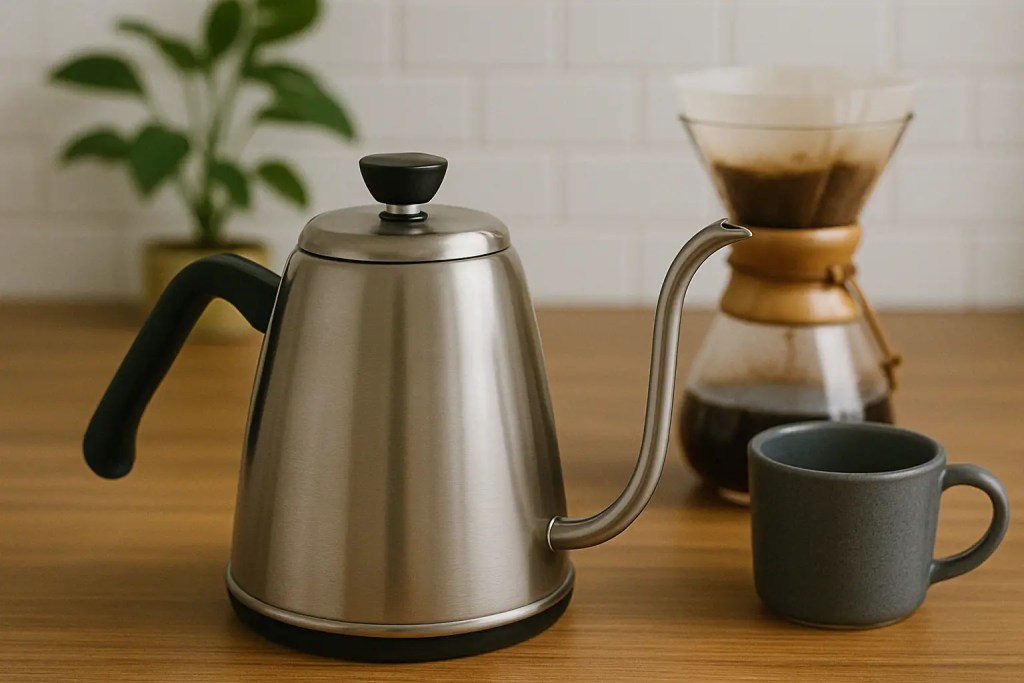 Stainless steel gooseneck kettle on wooden counter
