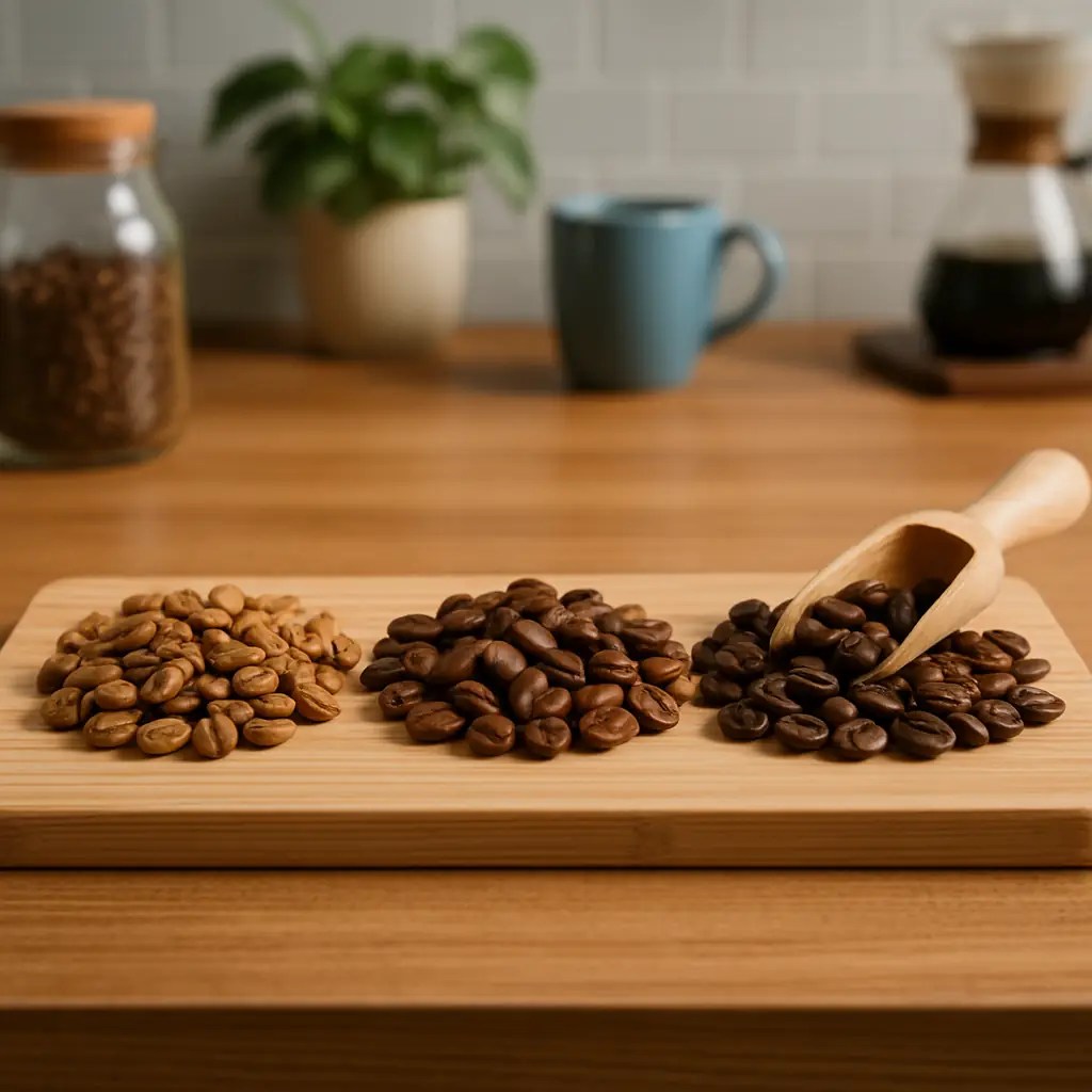 Light (left), medium (mid), and dark (right) roasted coffee beans displayed side by side on a wooden board