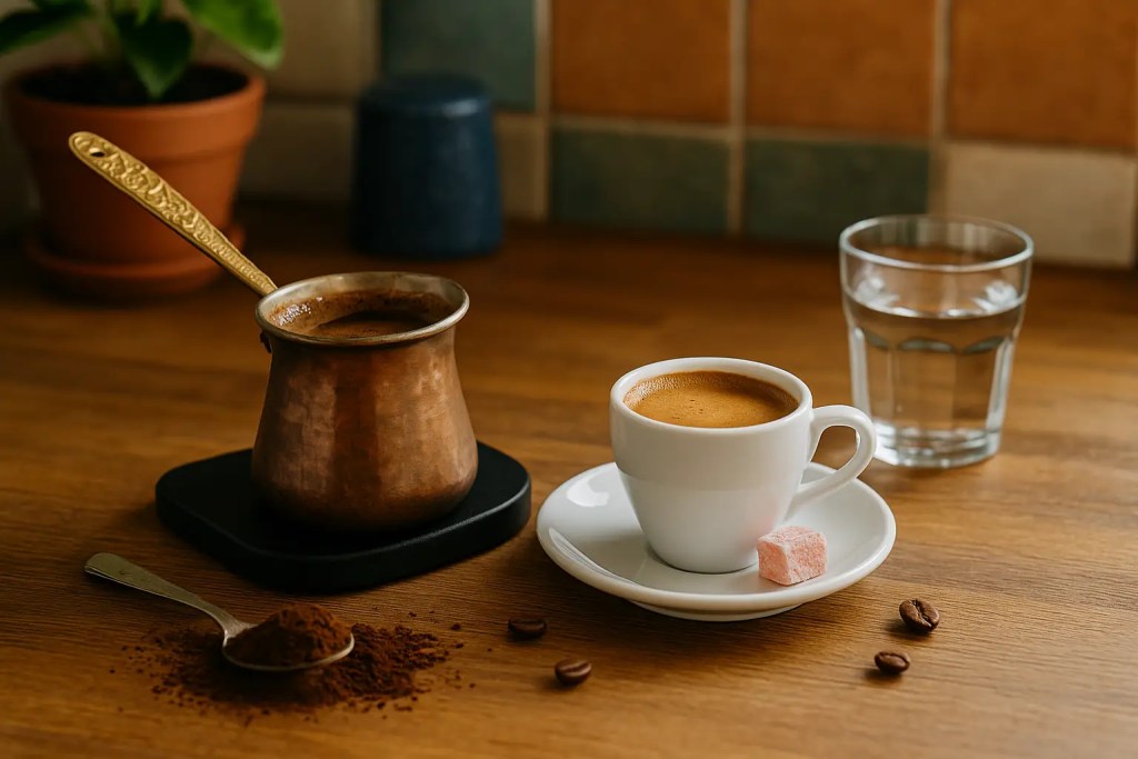 Traditional Turkish coffee in a cezve and cup, with Turkish delight and water on a wooden counter