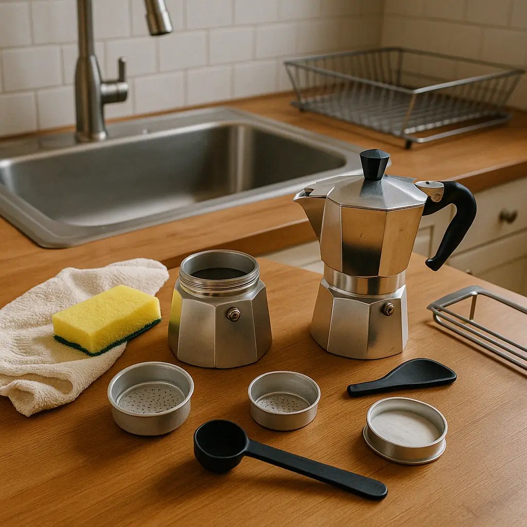 Disassembled Moka pot with sponge and towel near kitchen sink