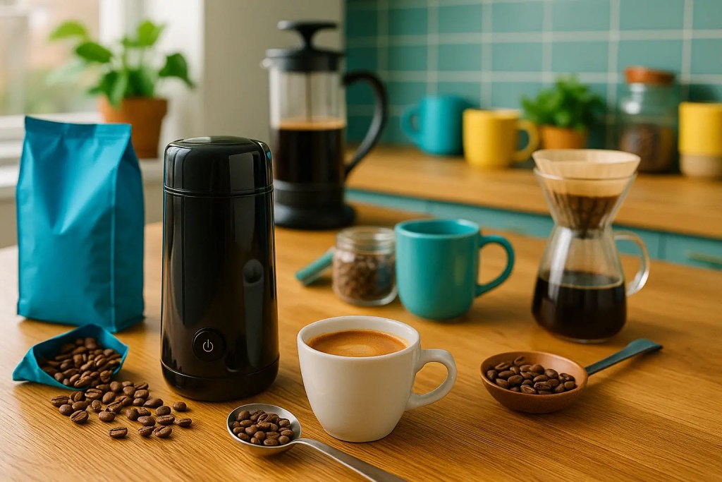 Blade grinder with coffee beans, cup, and brewing tools on a colorful and crowded kitchen counter