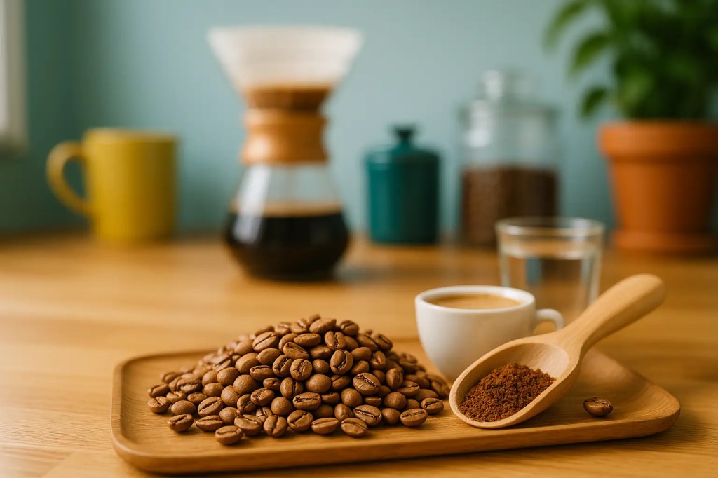 Light roasted coffee beans with ground coffee on a wooden tray 