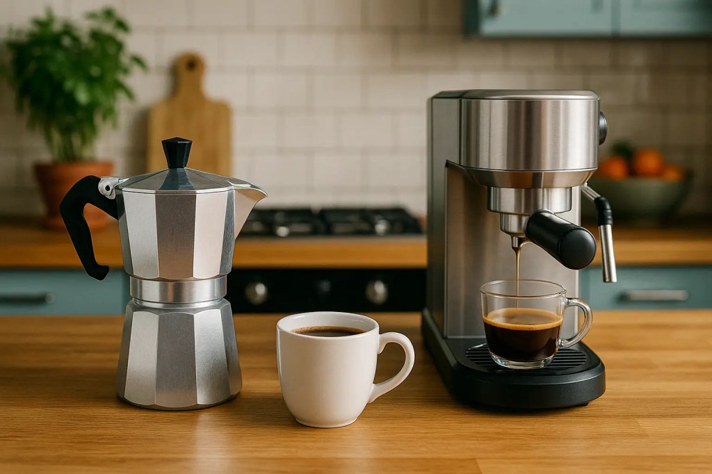 Moka pot and espresso machine brewing side by side on a wooden kitchen counter