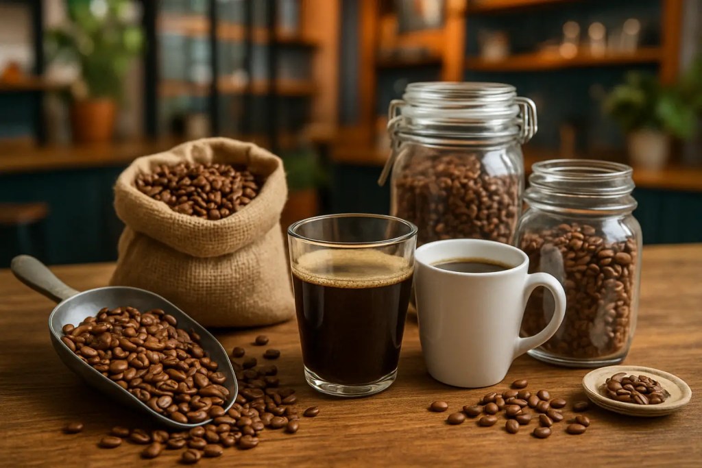 Fresh coffee beans and brewed coffee on a wooden table in a cozy café