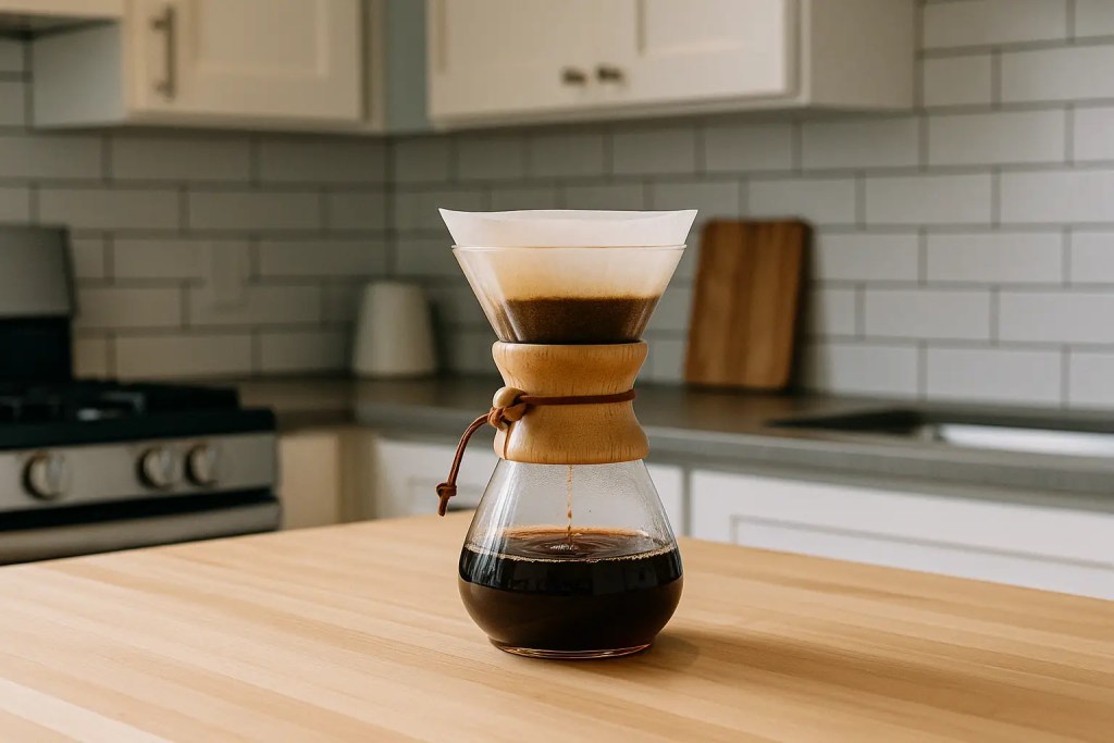 Chemex coffee maker brewing on wood counter in a modern kitchen