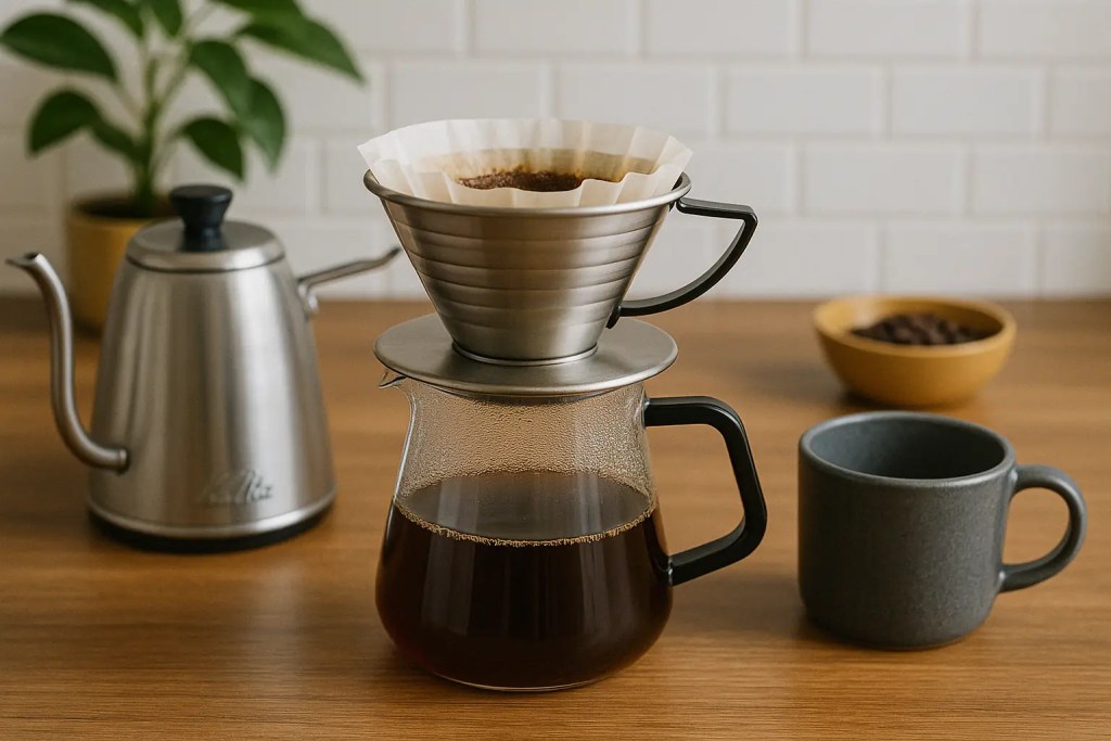Kalita Wave dripper brewing coffee on wooden counter