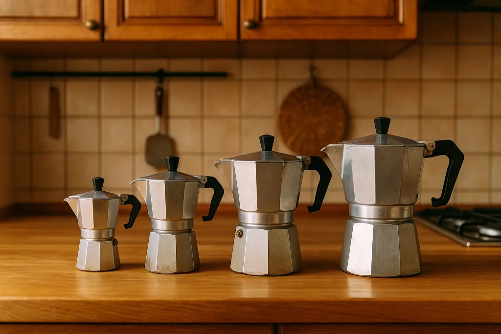 4 Moka Pot of different sizes on a kitchen table 