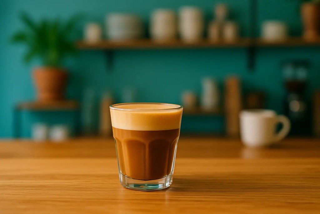 Cortado coffee in a small glass on a wooden counter with a colorful café background