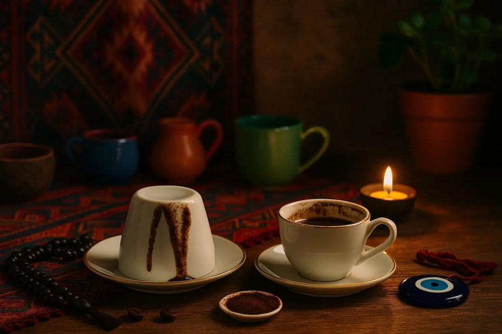 Turkish coffee cup turned upside down for fortune telling with candle, beads, and Nazar amulet
