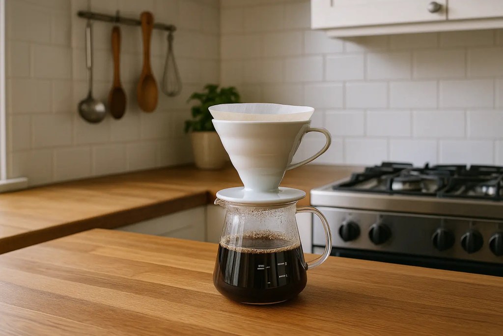 Hario V60 brewing setup on wooden counter in a modern kitchen