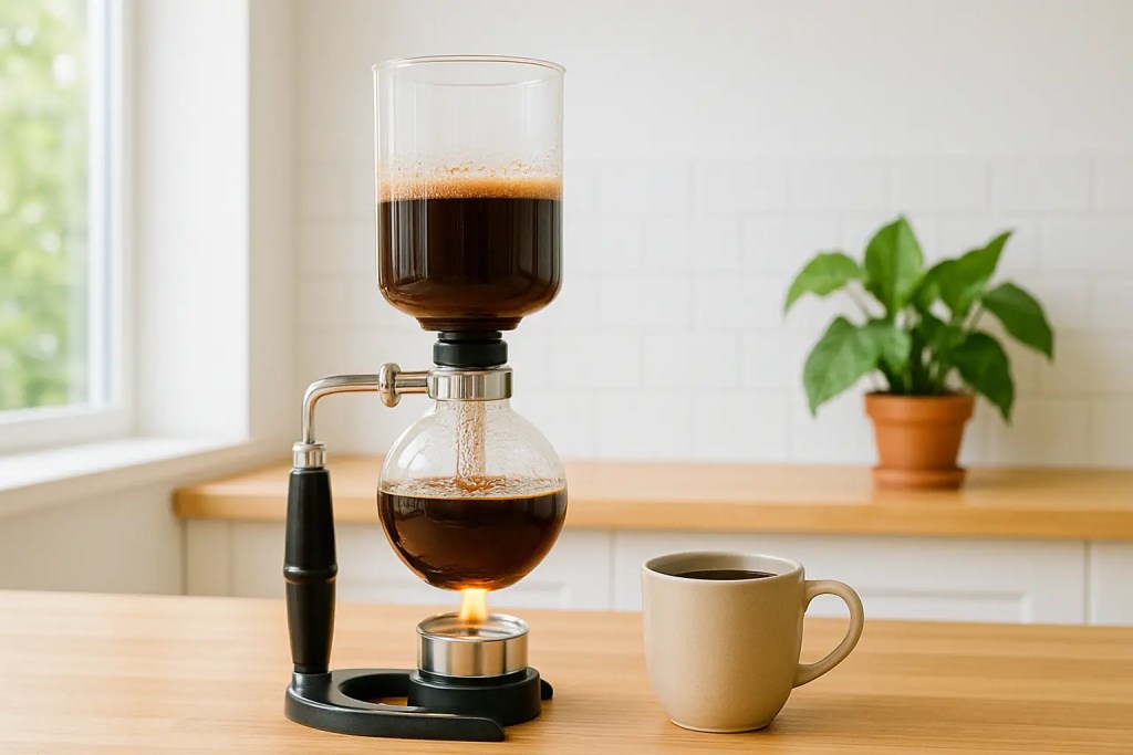 Siphon coffee maker brewing beside a mug in a bright, modern kitchen