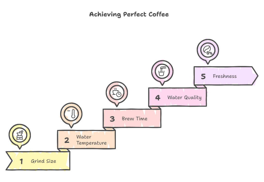 An infographic regarding 5 important points to prevent bitter coffee and achieve a perfect cup of coffee