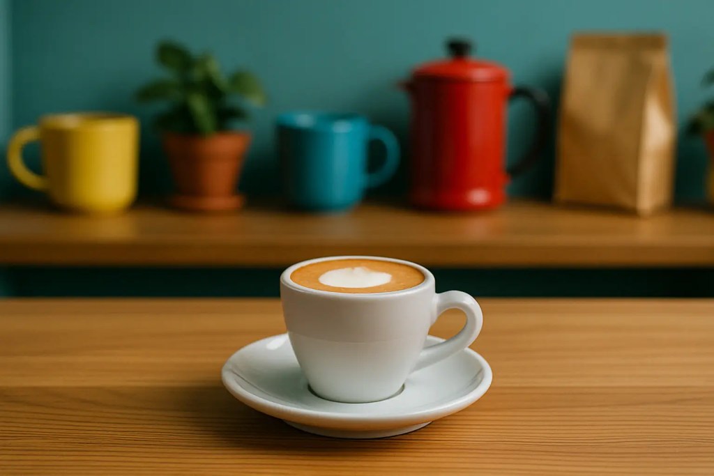 Espresso macchiato in a white cup with colorful mugs and accessories in the background