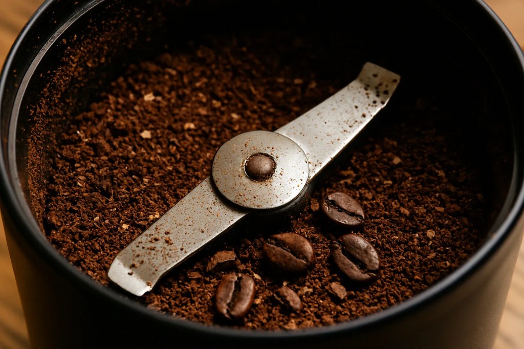 Uneven coffee grounds inside a blade grinder with visible whole beans and metal blade surrounded by a mix of fine and coarse particles