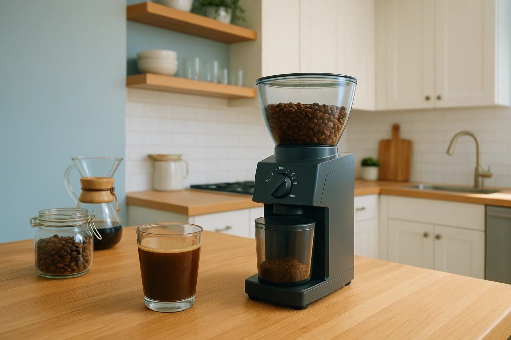 Electric burr coffee grinder with beans on a wooden counter in a bright modern kitchen with white cabinets and natural light