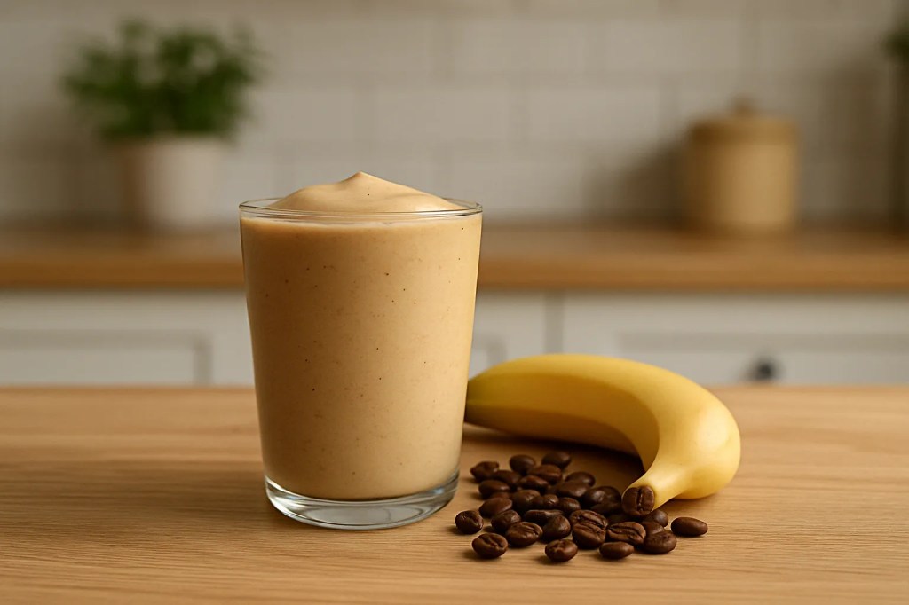 Coffee banana smoothie in a clear glass with coffee beans and a ripe banana on a wooden countertop in a cozy kitchen