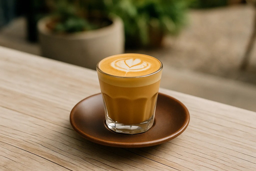A cortado served in a small glass with latte art on a brown saucer, set on a wooden outdoor table with plants in the background
