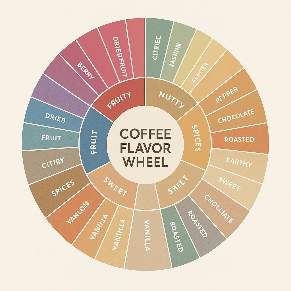 Illustrated coffee flavor wheel with colorful segments representing categories like Fruity, Nutty, Spices, and Sweet