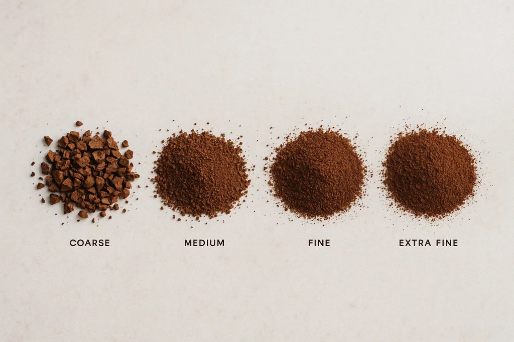 Four coffee grind sizes—coarse, medium, fine, and extra fine—displayed in neat piles on a light stone-textured background