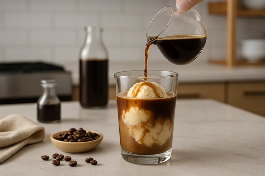 Cold brew being poured over vanilla ice cream in a glass, with coffee beans and bottles in a modern kitchen setting