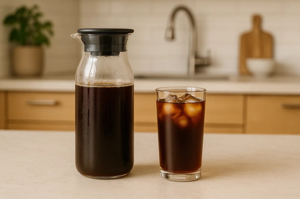 A cold brew coffee carafe and a glass filled with iced coffee on a bright kitchen counter with a soft, modern background