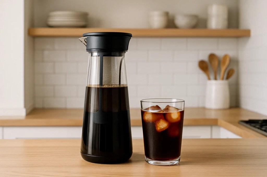A cold brew coffee maker and a glass of iced cold brew on a wooden kitchen counter in a bright modern kitchen setting