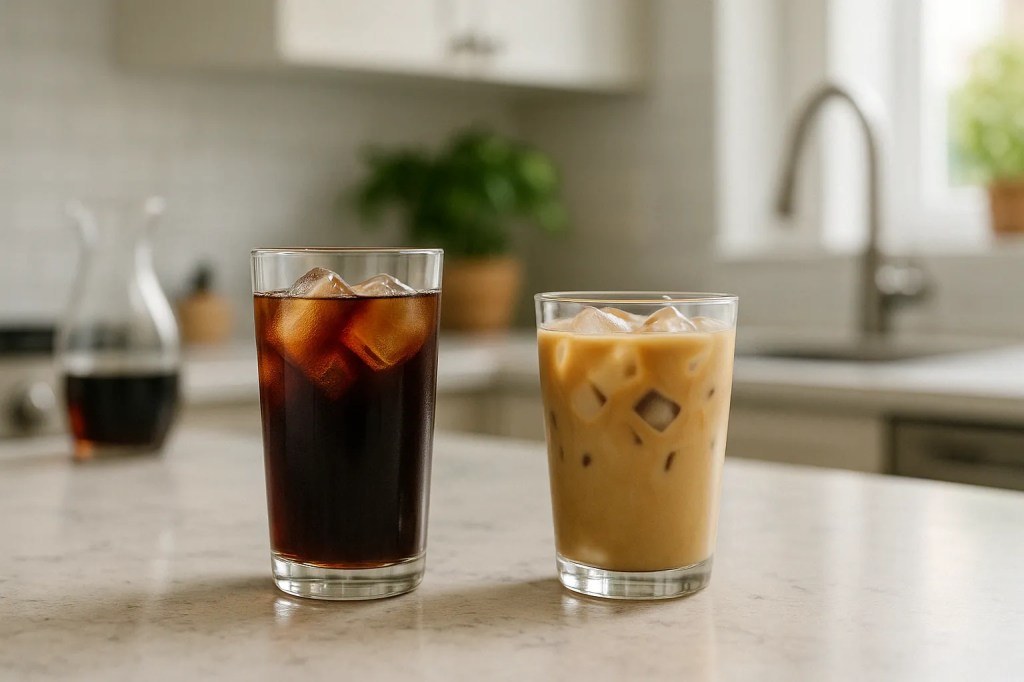 Two glasses of cold coffee drinks—cold brew and iced coffee—on a marble counter in a bright modern kitchen