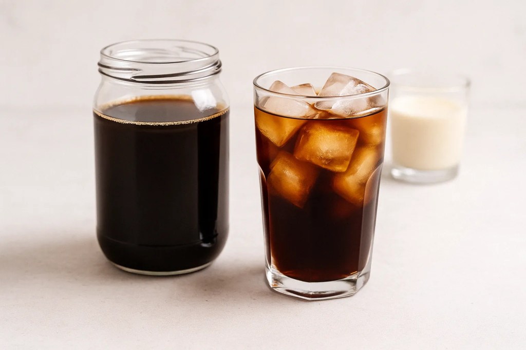 Side-by-side glasses of cold brew coffee and iced coffee with milk on a light background