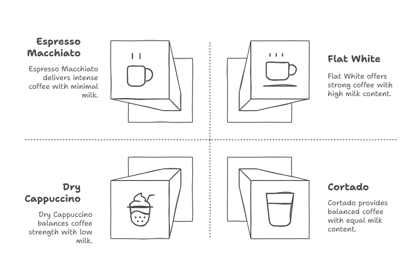 Infographic comparing espresso macchiato, flat white, dry cappuccino, cortado