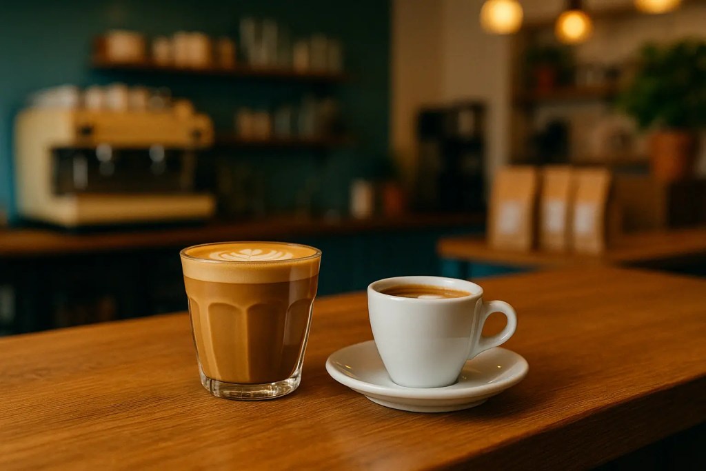 Cortado in a glass and macchiato in a cup on a wooden café counter