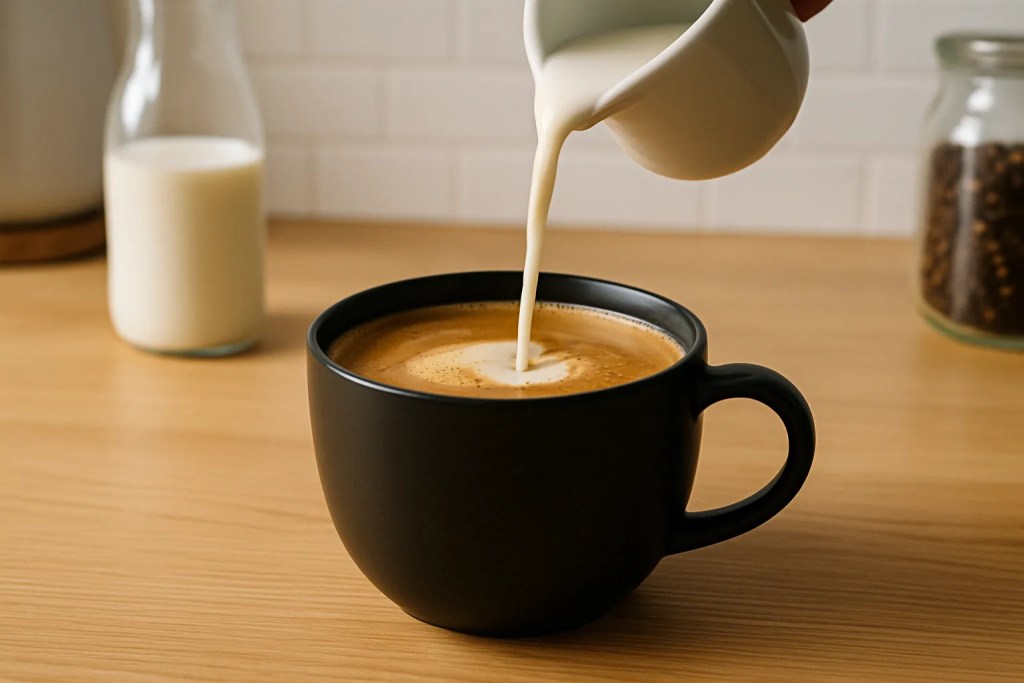 Milk being poured from a white pitcher into a black coffee mug on a wooden countertop with a bottle of milk and jar of coffee beans in the background