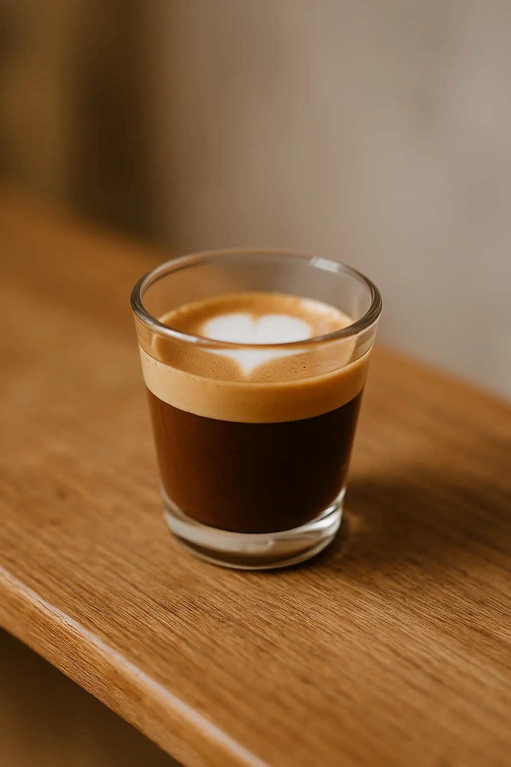 A glass of flat white coffee with heart-shaped latte art on a wooden counter 