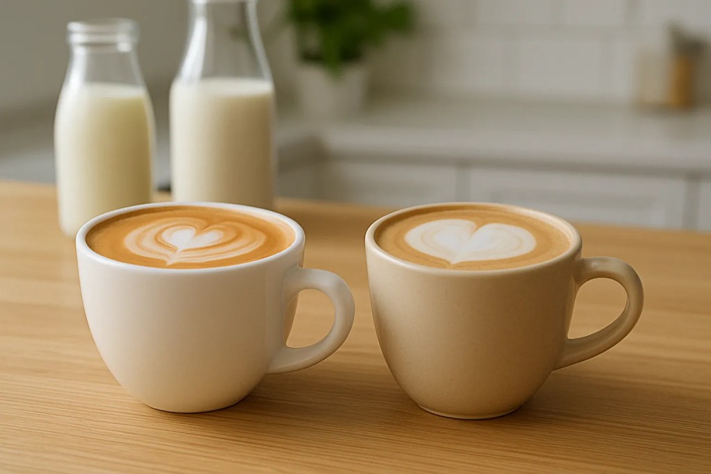Two ceramic mugs with coffee and latte art side by side on a wooden table, with milk bottles in the background in a bright kitchen setting