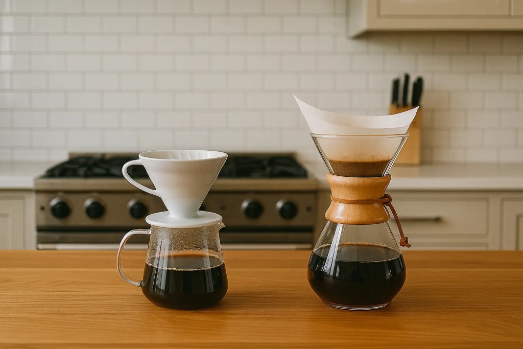 Hario V60 and Chemex brewers in a modern kitchen setting