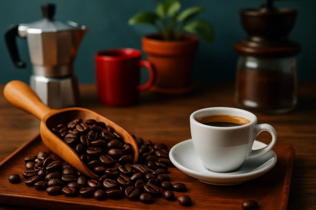 Dark roasted coffee beans with espresso, moka pot, and grinder in a  café setting
