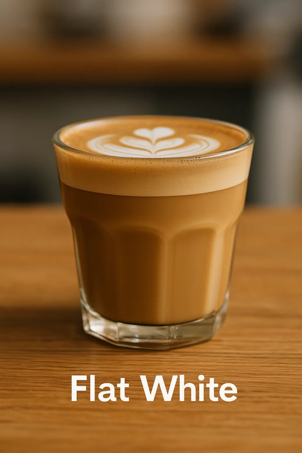 A glass of flat white coffee with heart-shaped latte art on a wooden counter 