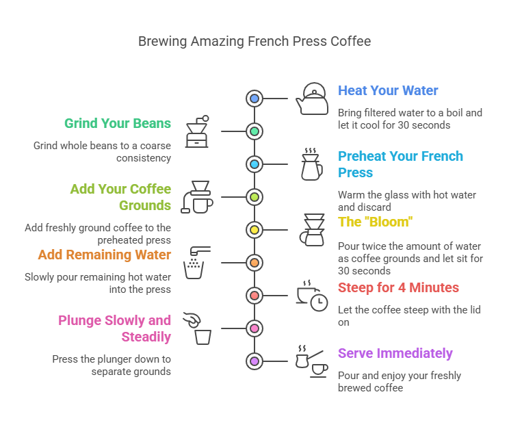 Infographic explaining step-by-step french press coffee preparation
